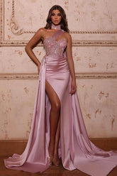 Gorgeous Long Mermaid High Neck Satin Beads Evening Prom Dress with Slit